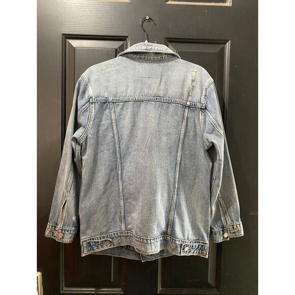 Lucky Brand Blue Boyfriend Trucker Distressed Denim Jeans Jacket Size Small - Picture 3 of 5